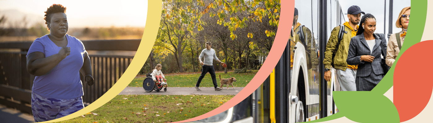 An individual walking briskly, a child in a wheelchair on a walking path with an individual walking their dog, and three individuals using public transportation