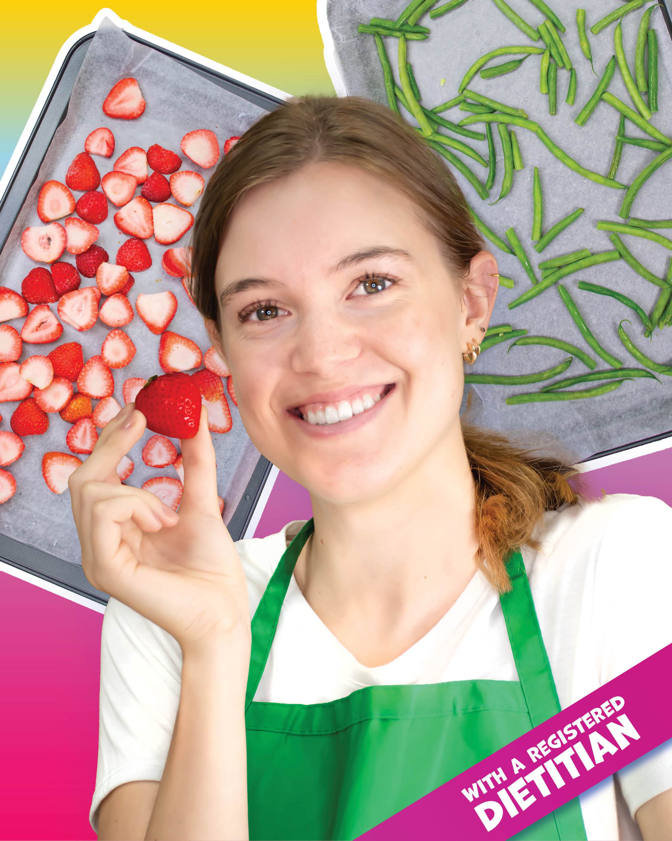 A registered dietitian preparing strawberries and green beans for freezing