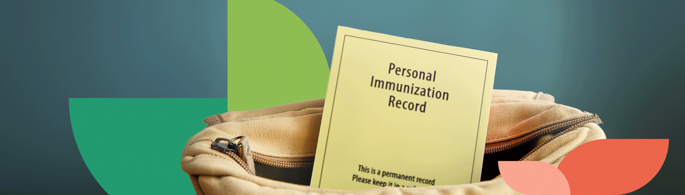 Someone's personal immunization record yellow card sticking out of an unzippered bag