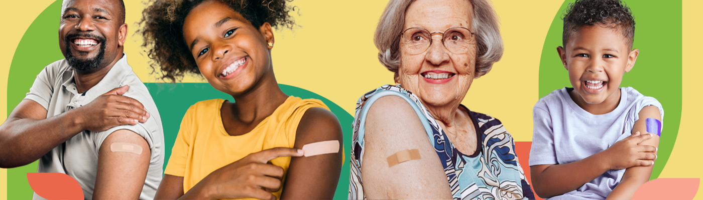 Multi-generational immunization clinic recipients showing off their immunization bandages and smiling