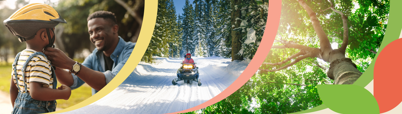 A parent buckling up their child's bicycle helmet, an individual operating a snowmobile on a trail and the canopy of a tree