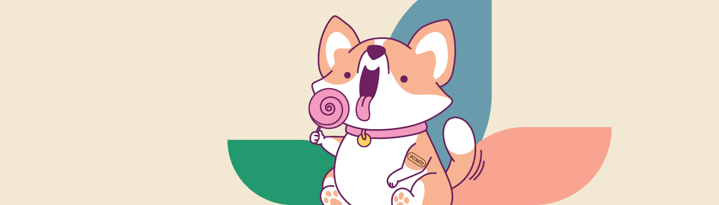 An illustration of a dog licking a lollipop after receiving a rabies vaccination