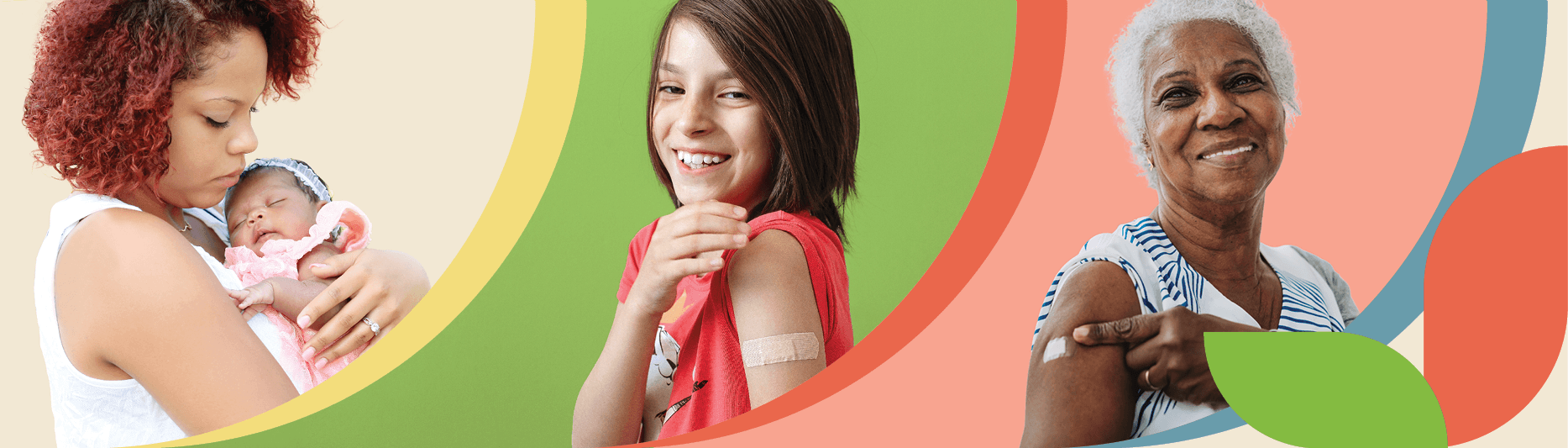 Multi-generational immunization clinic recipients showing off their immunization bandages and smiling