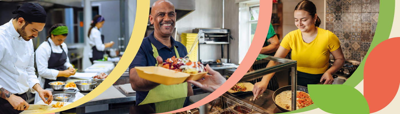 Food service employees preparing and providing food