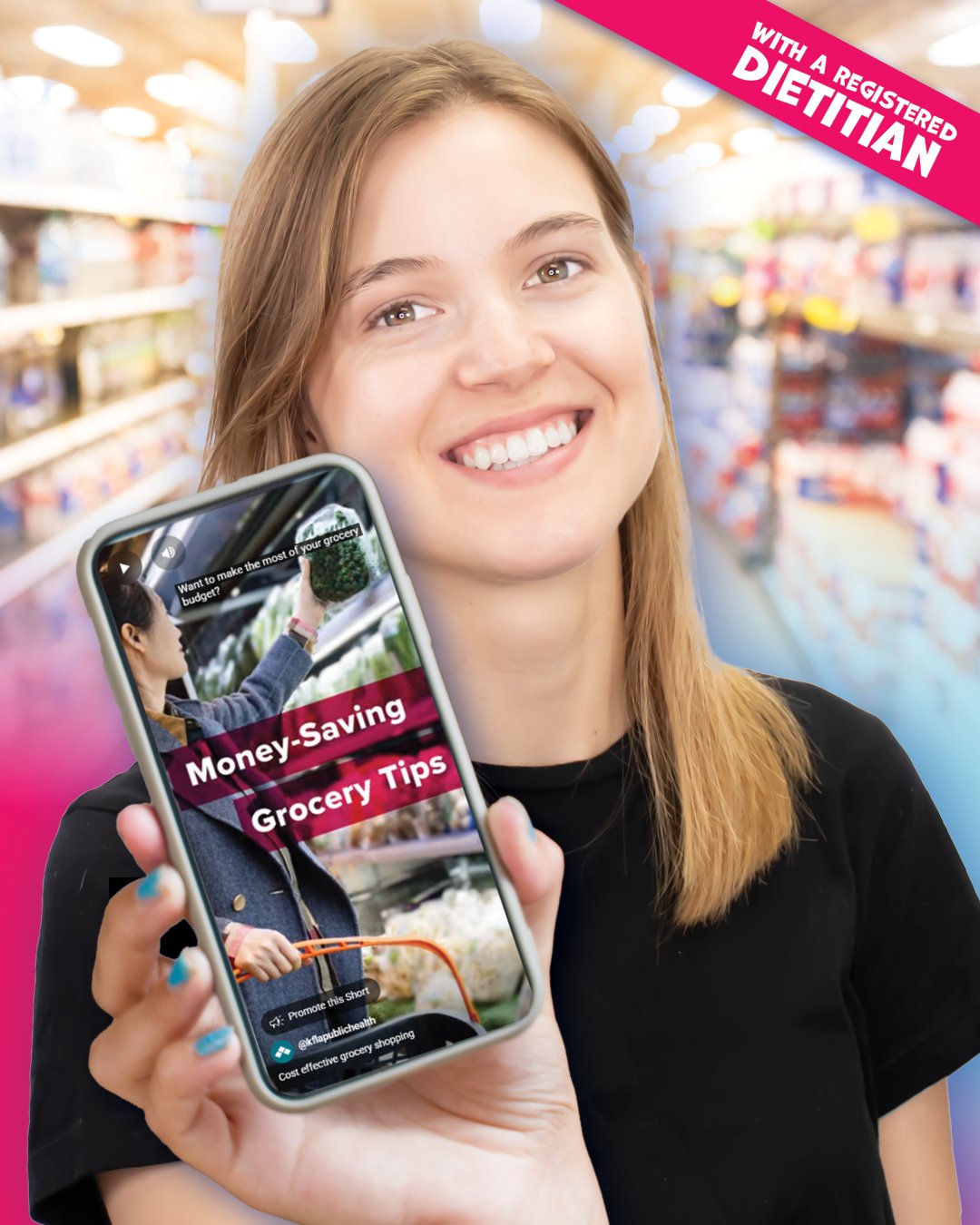 A registered dietitian holding up a cellphone promoting money-saving grocery tips