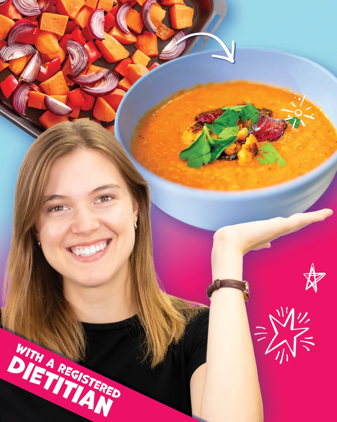 A registered dietitian promoting healthy eating while showcasing sweet potato soup garnished with red onion and cilantro