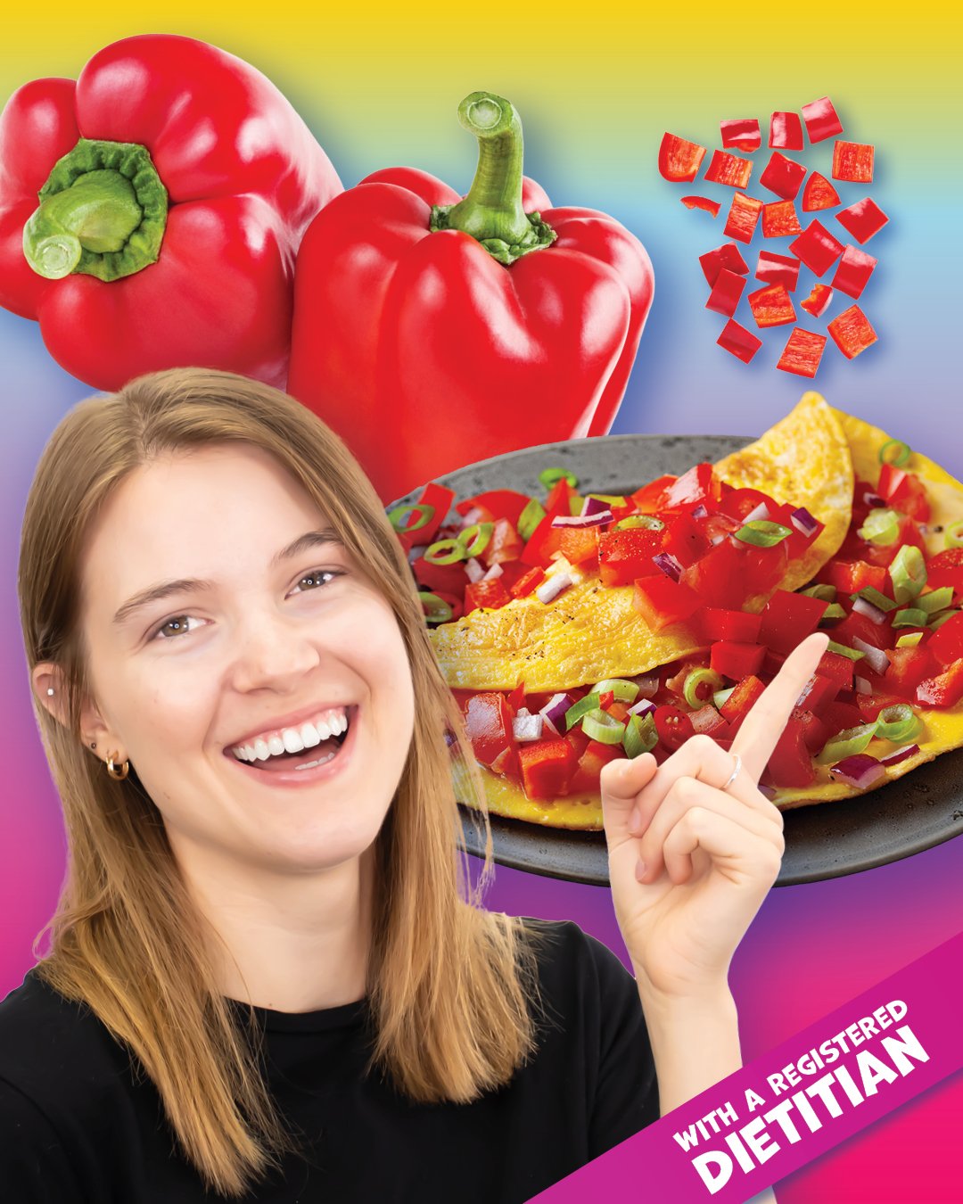 A registered dietitian promoting healthy eating with the use of red peppers, green, and red onions in an omelette
