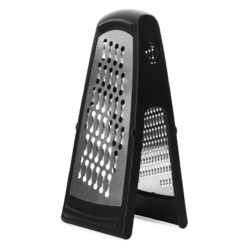 A black and silver steel grater