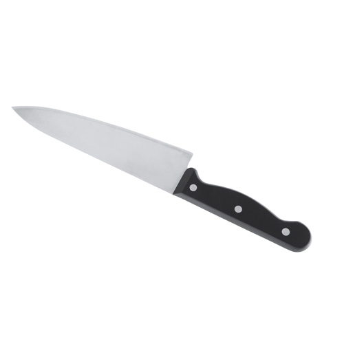 Black handled, large knife on white background