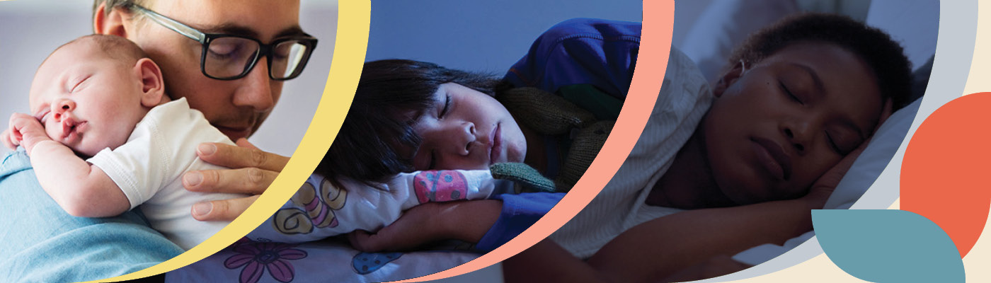 A baby sleeping on a parent's shoulder, a child sleeping in their bed and an adult sleeping in their bed
