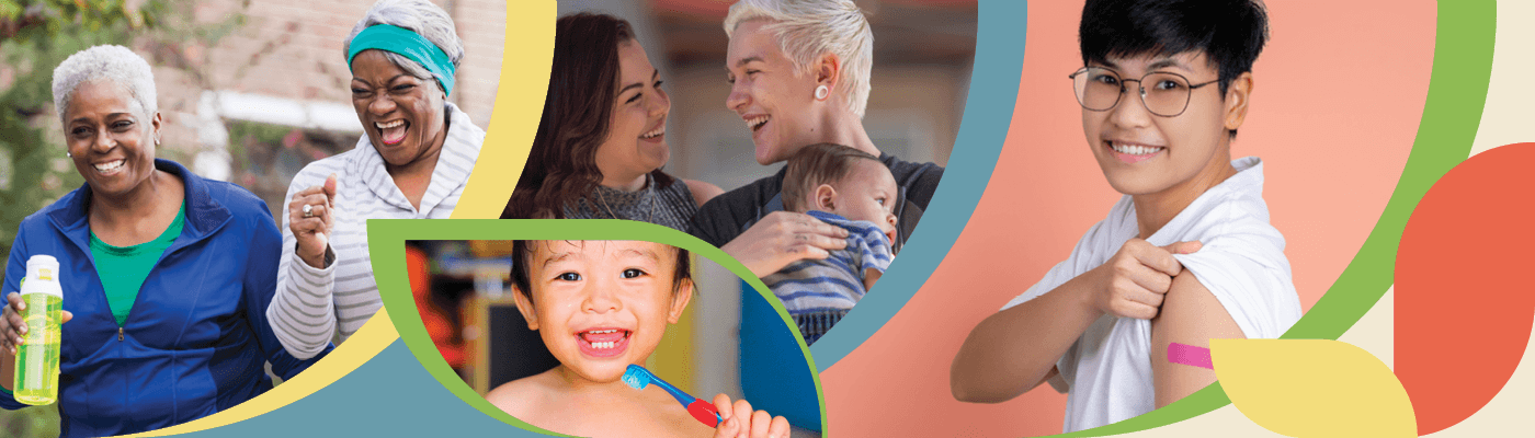 Seniors walking outside, a happy couple with their baby, a child brushing their teeth and a smiling immunization clinic client rolling up their sleeve to show their immunization bandage