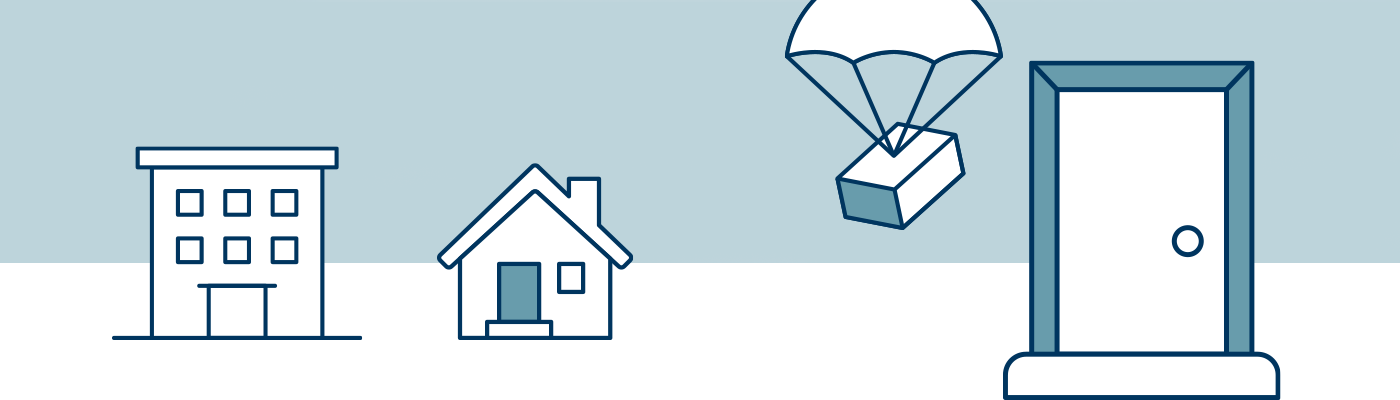 An illustration of a package being delivered via parachute