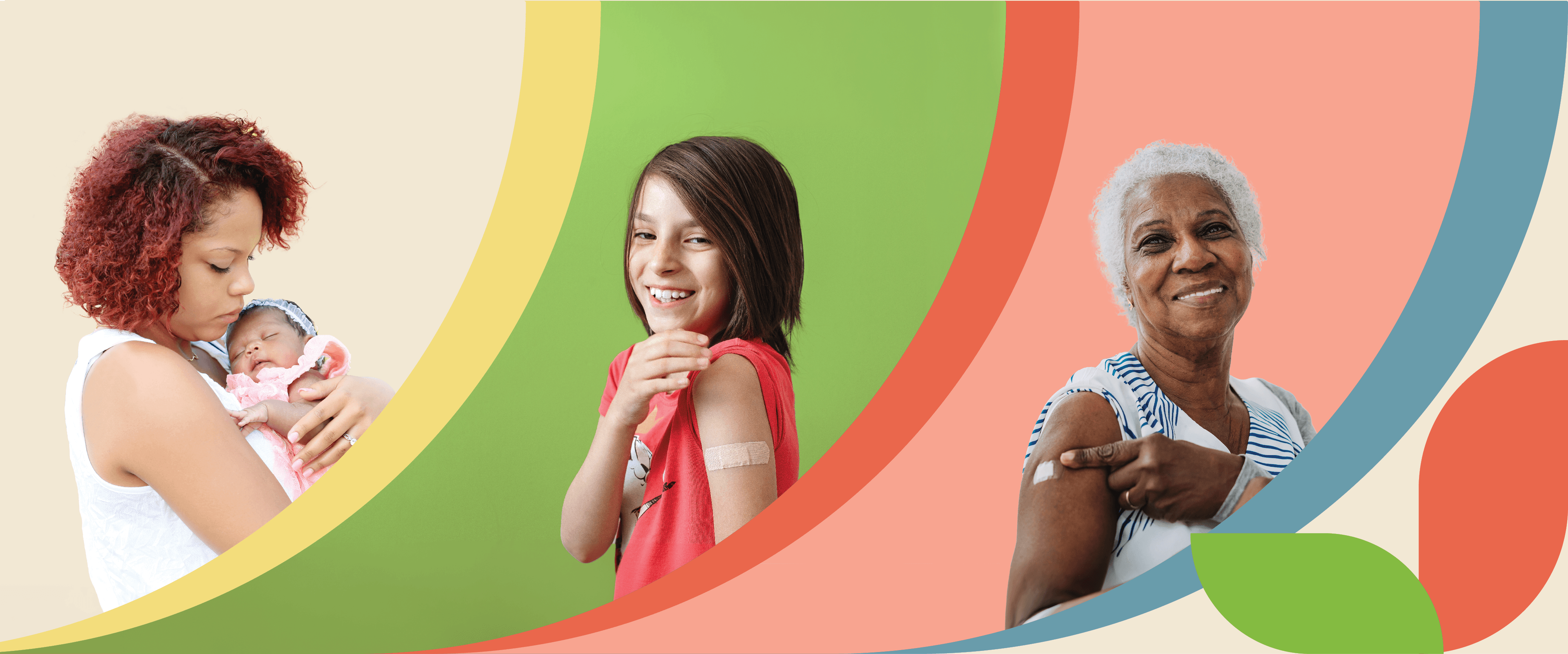 Multi-generational immunization clinic recipients showing off their immunization bandages and smiling
