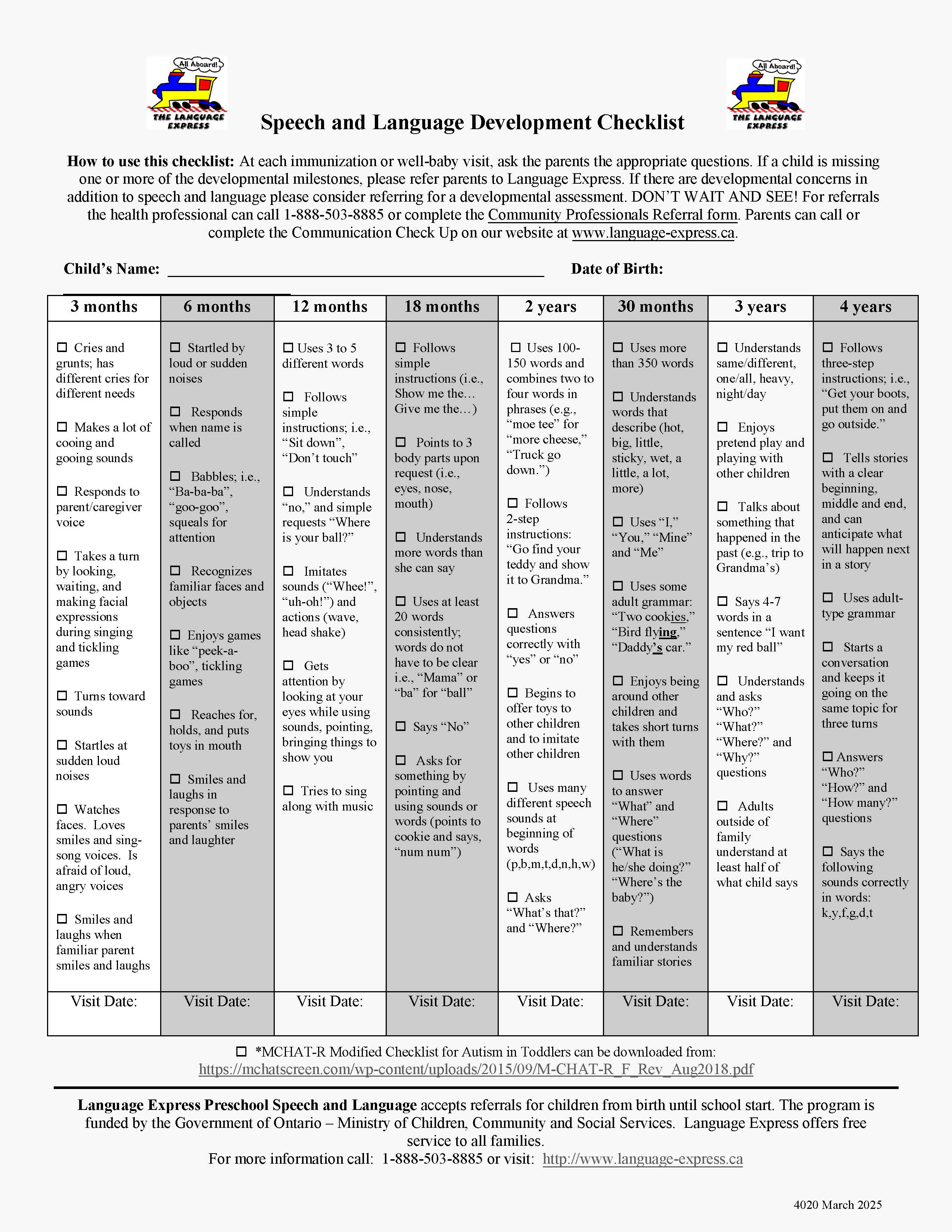 Speech and language development checklist for primary care