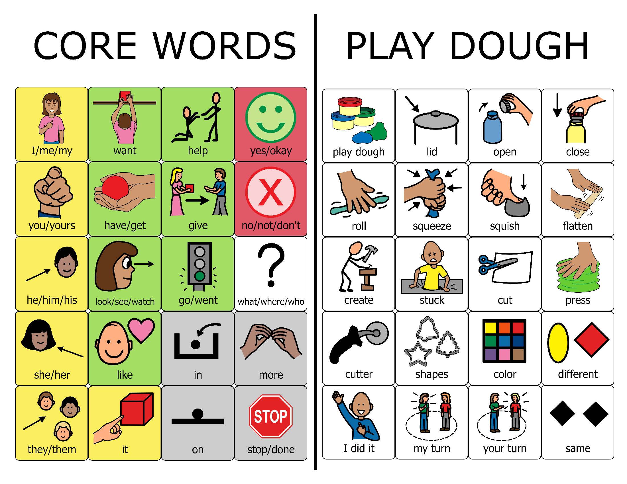 play dough theme board with core words